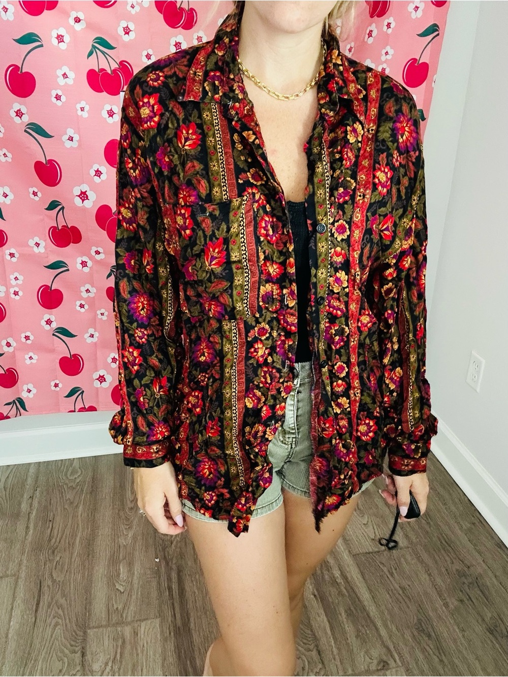 Floral Black Button-Front Blouse with Red Accents